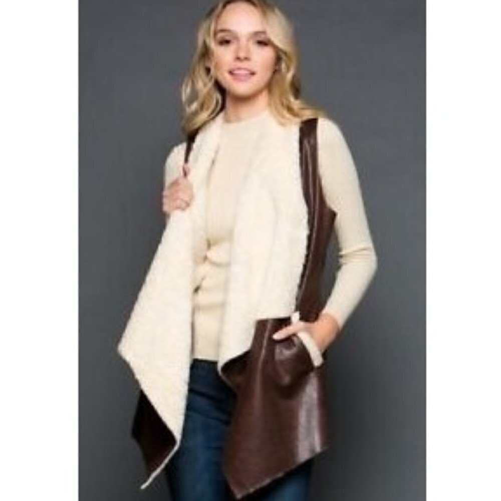GeeGee Faux Fur Suede Lapel Vest Sherpa Lined Olive Green Women's Size L Large